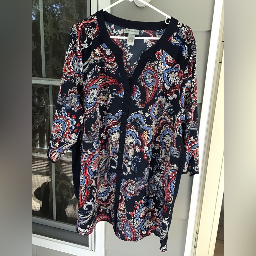 Catherines Top Womens 2X Blue Paisley Print Button Up 3/4 Sleeve Shirt Tunic ￼